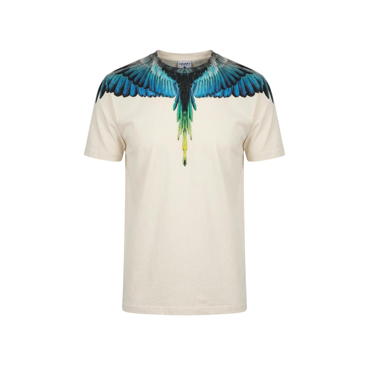 T-shirt County of Milan Wings; 100% Cotone. Grafica ali su spalle e petto, vestibilità regular. Maglia uomo iconica, fresca e confortevole per la stagione PE26. Vista frontale Stesa