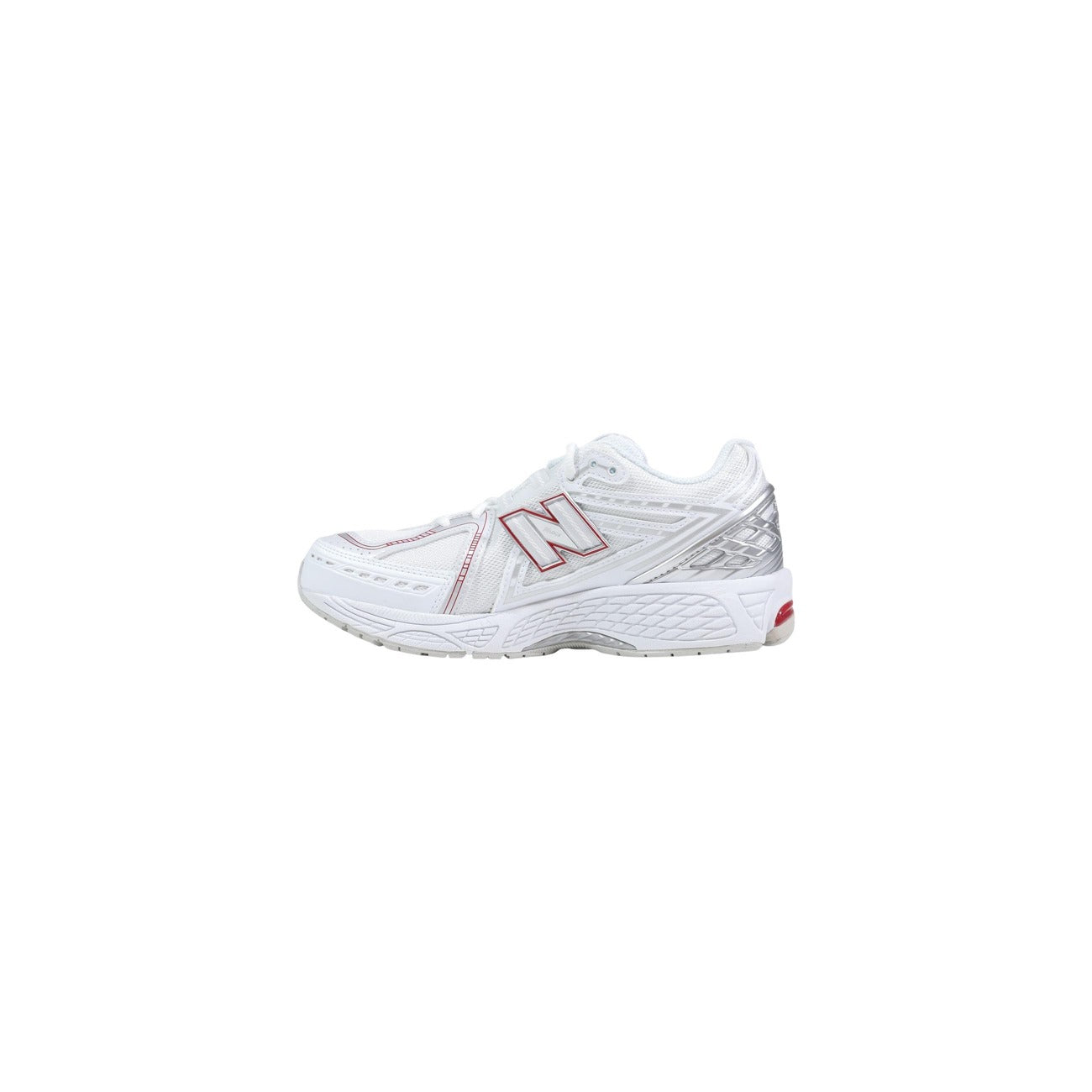 sneaker New Balance 1906R bianca e argento con accenti rossi.