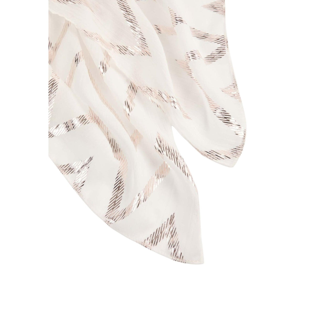 Sciarpa Morgan De Toi 5ROSE; 100% poliestere, motivo zig-zag metallizzato. Texture leggera e trasparente, effetto seta, ideale per le mezze stagioni. Accessorio chic, versatile e ultra-femminile. Dettagli stampa