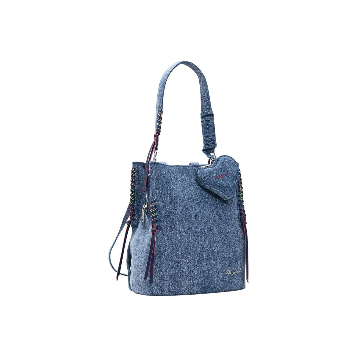 Desigual Borsa zainetto piccolo in denim blu con cuore Donna - vista frontale Laterale