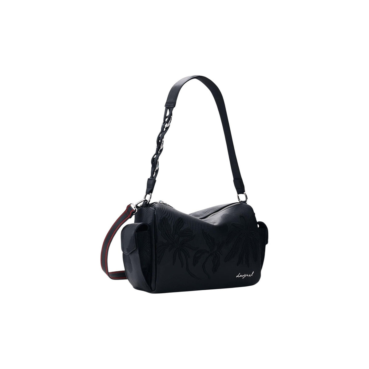 Realizzata interamente in poliestere di alta qualità, questa borsa si distingue per la sua silhouette moderna e compatta, arricchita da raffinati dettagli floreali in rilievo sulla parte frontale.