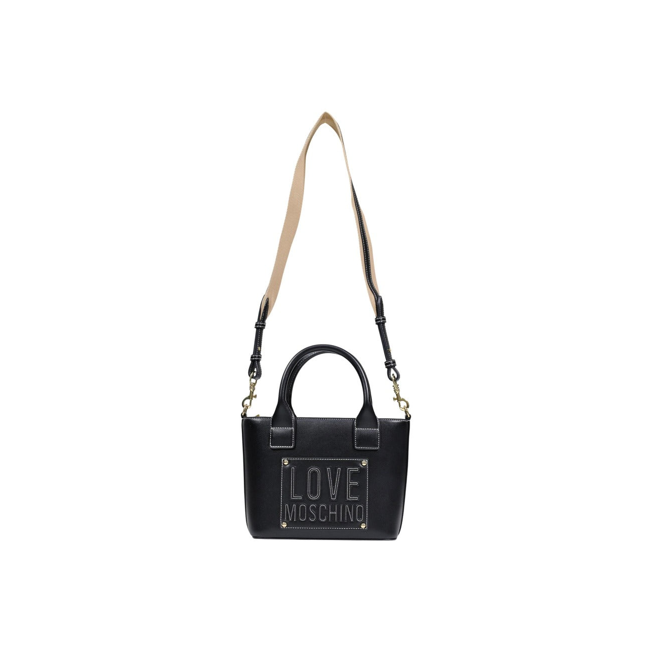 Borsa Love Moschino donna nera a tracolla modello JC4086PP1. Borsetta piccola nera a mano e a spalla con doppi manici corti, tracolla removibile, logo in rilievo con inserti metallici oro sul davanti e chiusura con zip, stile casual chic ed elegante.