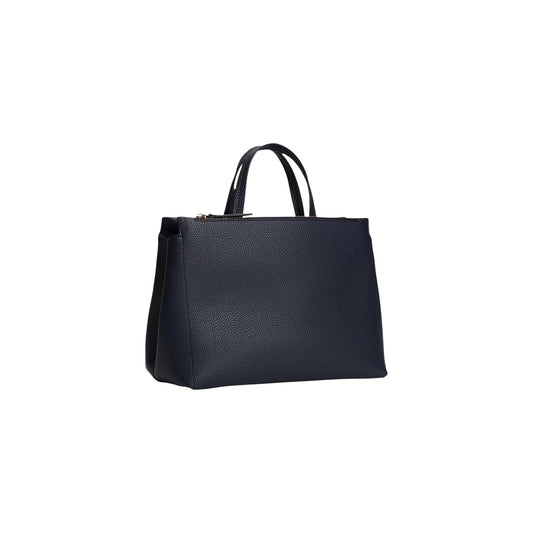 Borsa Satchel Tommy Hilfiger Blu; Dettaglio righe verticali. 100% Poliuretano, chiusura con zip, tracolla regolabile e removibile. Dimensioni 29x23x16 cm. Design iconico "Timeless" per un outfit casual-elegante. Vista posteriore