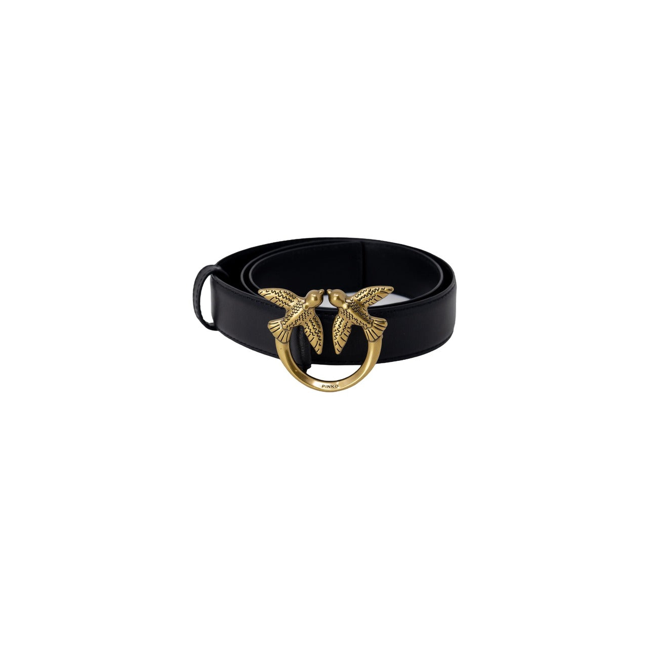 Pinko Love Berry H3 Vitello Seta; 100% pelle, fibbia logata oro, altezza 3 cm. L'accessorio must-have per un look femminile e glamour. Colore nero e oro. Vista frontale arrotolata