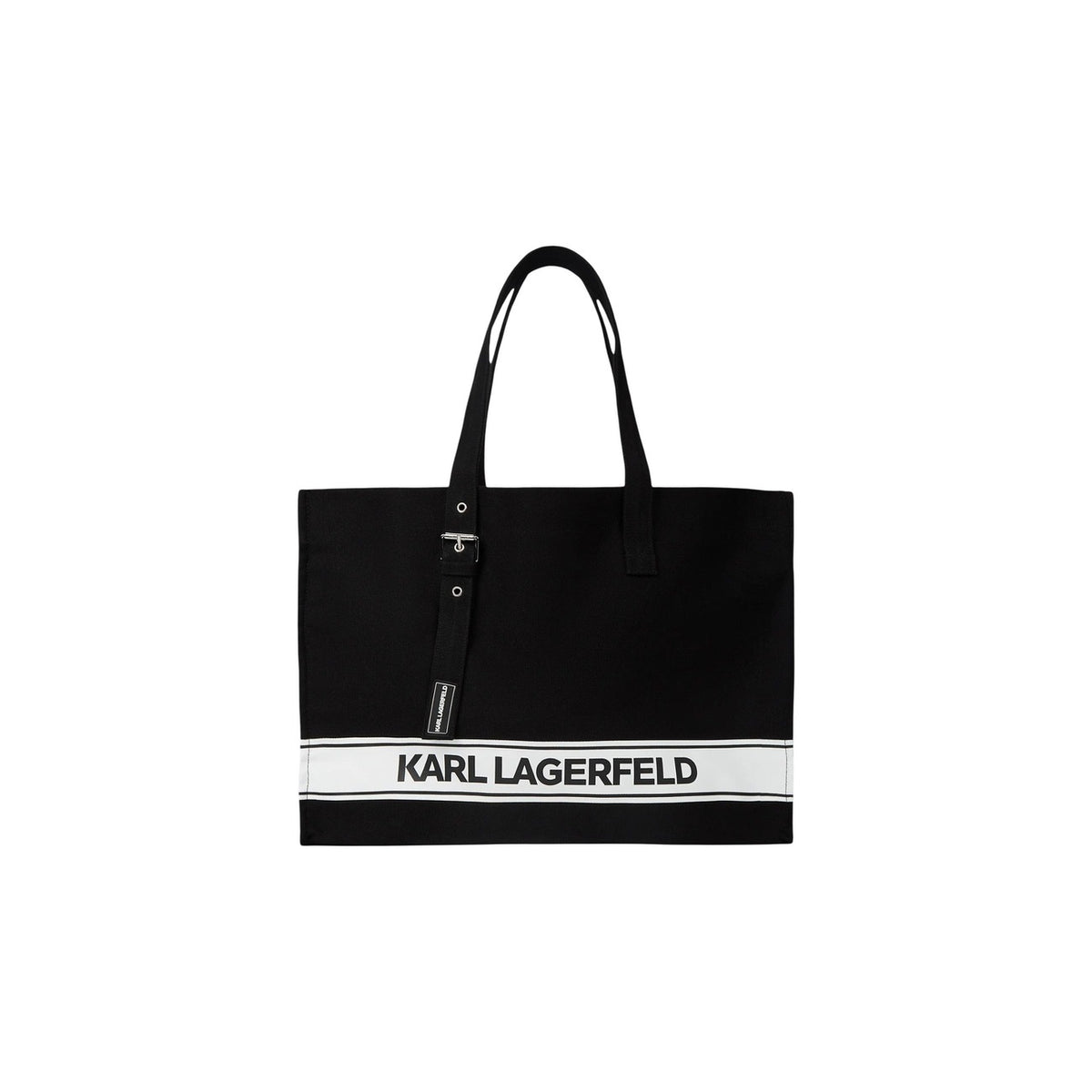 Beach Bag Karl Lagerfeld; 100% Cotone (60% Riciclato). Silhouette strutturata 60cm, manici con fibbie, logo a righe. Borsa mare maxi, spaziosa e di lusso, perfetta per la PE26.