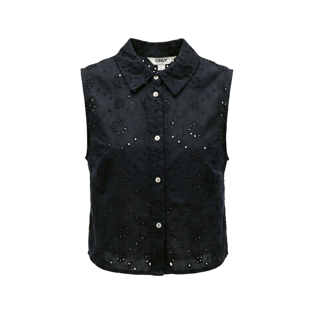 Camicia Only Onlalithea; Nero. 100% Cotone traforato. Senza maniche, taglio corto, ricamo floreale, chiusura con bottoni. Stile romantico e fresco, collezione SS26. Vista stesa