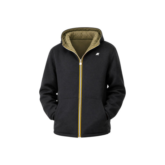 Giubbotto K-Way uomo reversibile nero e verde esercito Jack K8142YW. Giacca corta leggera con imbottitura PrimaLoft riciclata, tessuto scuba elasticizzato, nylon impermeabile e cuciture termonastrate.