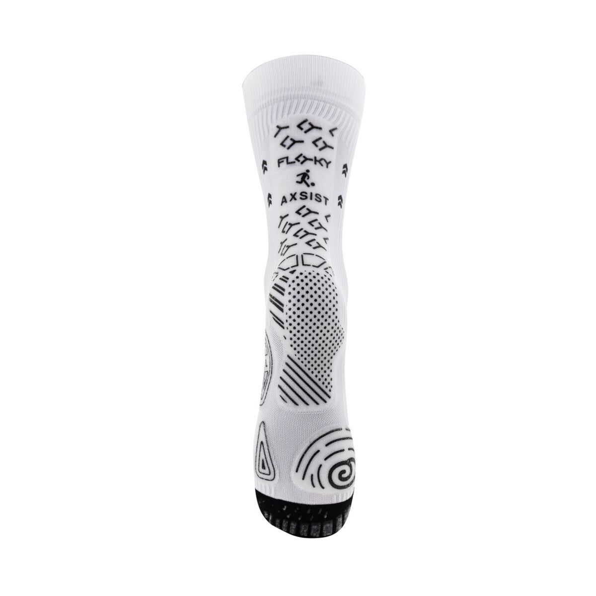 Floky AXSIST 2.0 Football Socks; tecnologia Kinesio Tape, grip integrato, compressione graduata e filato da plastica riciclata. La calza definitiva per stabilità e recupero. Colore bianco. Vista posteriore