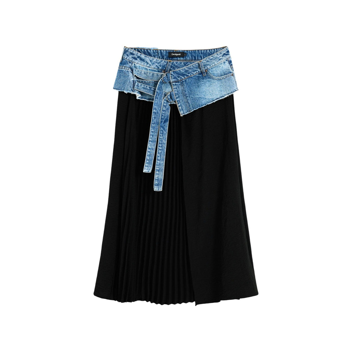 Gonna lunga Desigual donna jeans e plissettata FAL_COLLEGE. Gonna ibrida bimateriale con punto vita in denim BCI blu, cintura abbinata e parte inferiore nera pieghettata, collezione autunno inverno.