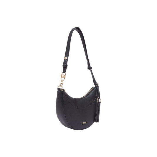 Liu Jo Borsa Hobo media effetto bottalato nero, manico con logo LJ in metallo e charm nappina, chiusura sicura con zip e stile urban sofisticato. Vista frontale laterale con tracolla