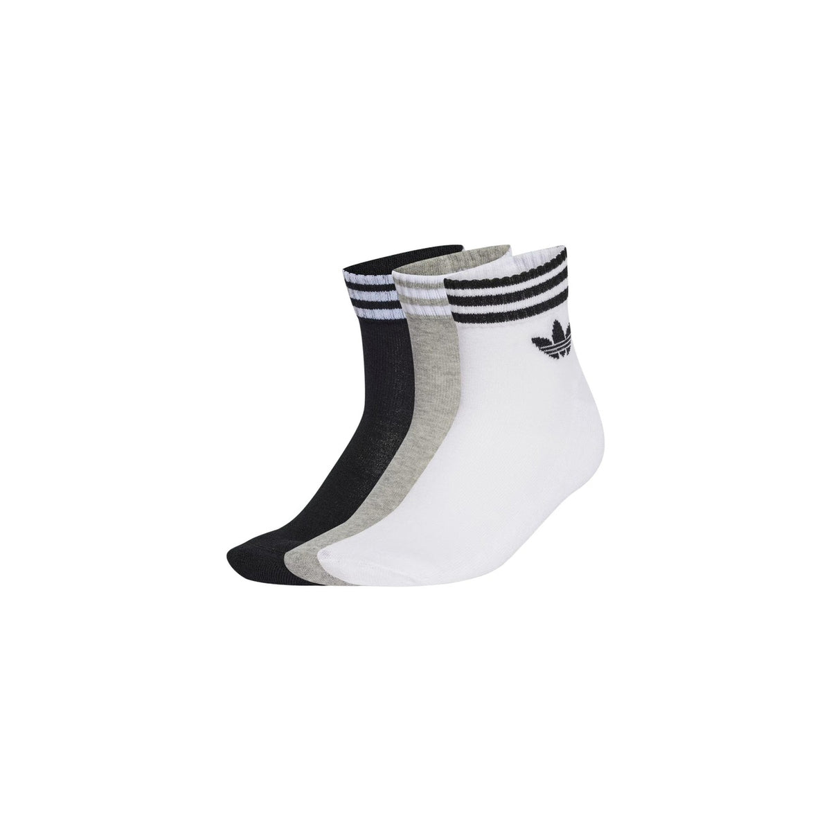 Pack 3 Paia Calzini adidas Ankle; Bianco, Grigio, Nero. 78% Cotone, 19% Poliestere riciclato. Lunghezza caviglia, orli a coste, logo Trifoglio. Stile casual e sportivo.