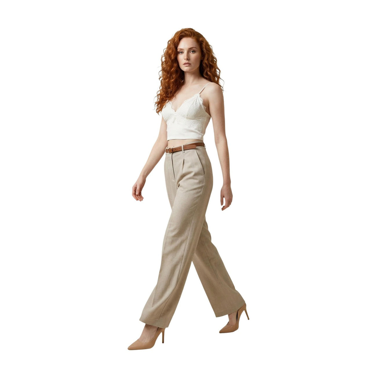 Artigli Palazzo Pant ACPA004842; 100% poliestere, pieghe sartoriali, cintura inclusa. Il pantalone ampio versatile e chic per una silhouette slanciata. Colore beige. Vista frontale Laterale