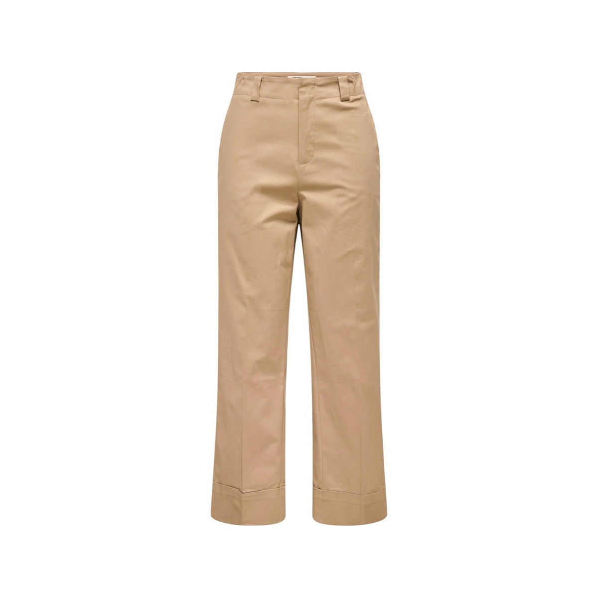 Pantaloni chino cropped beige scuro Only Onlrosalie, 98% cotone e 2% elastan, vita alta con cintura e linea dritta; stile versatile per outfit casual-chic e professionali. Vista frontale Stesa