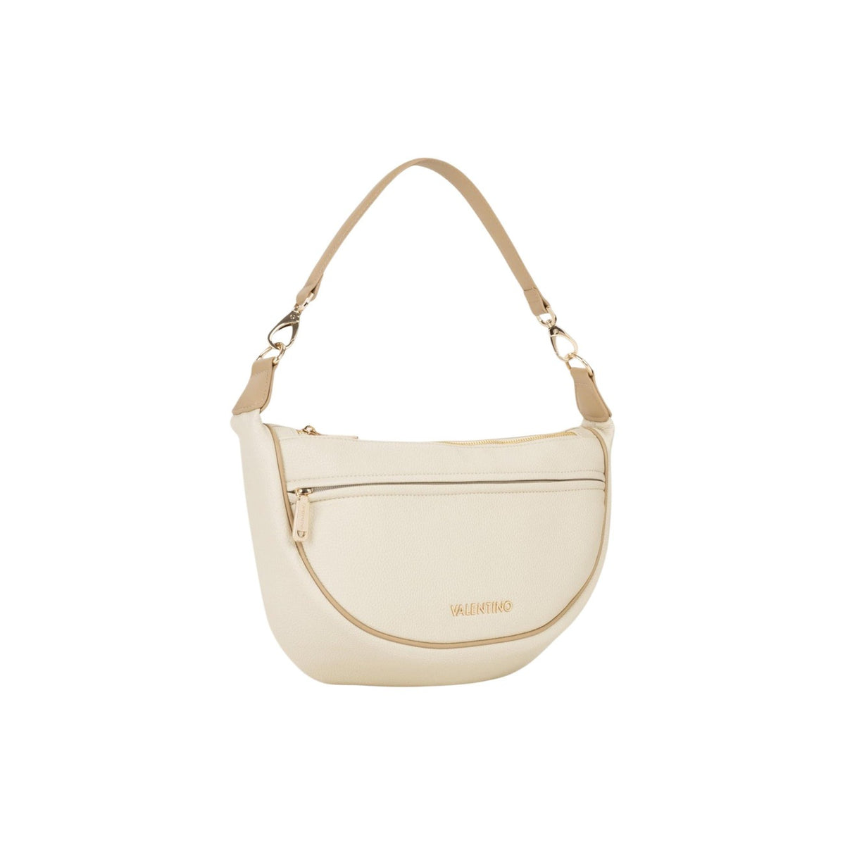 Valentino Bags Daphne Re VBS9OP08, borsa beige hobo con logo gold e chiusura a zip; doppia opzione di trasporto (mano/spalla), struttura morbida e stile contemporaneo in 100% PU. Vista frontale Laterale