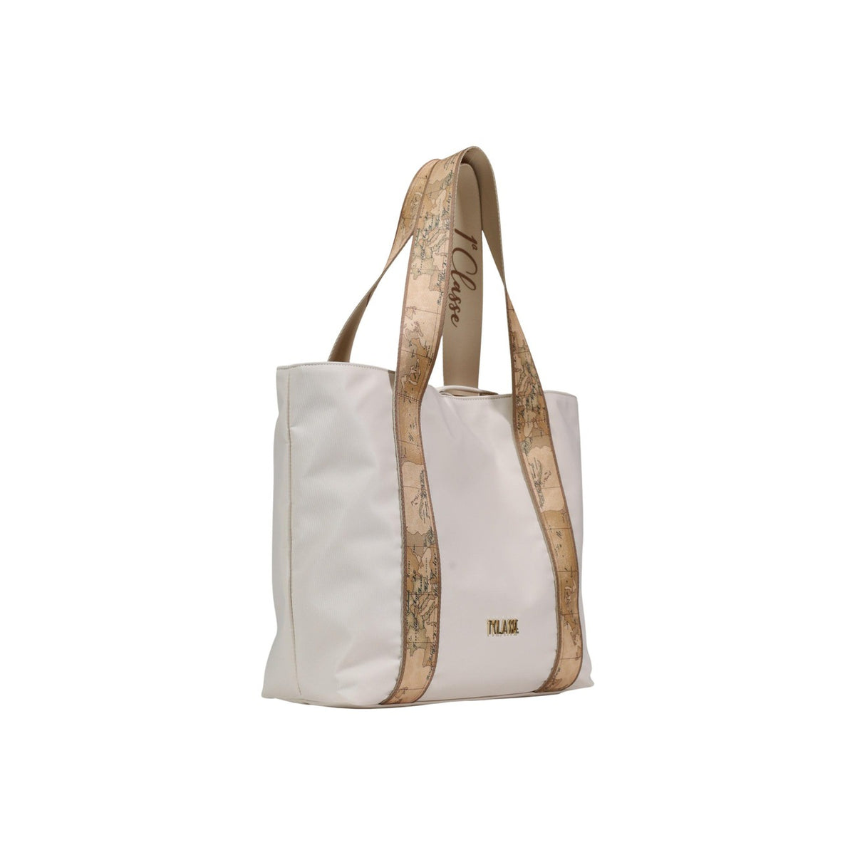 Borsa reversibile Alviero Martini Dual Bag; Nylon e tessuto soft Geo Classic. Maxi logo 1C oro chiaro, chiusura con laccetti, manici logati. Colore Sabbia. Shopping bag capiente e trasformabile per la stagione estiva. Vista laterale