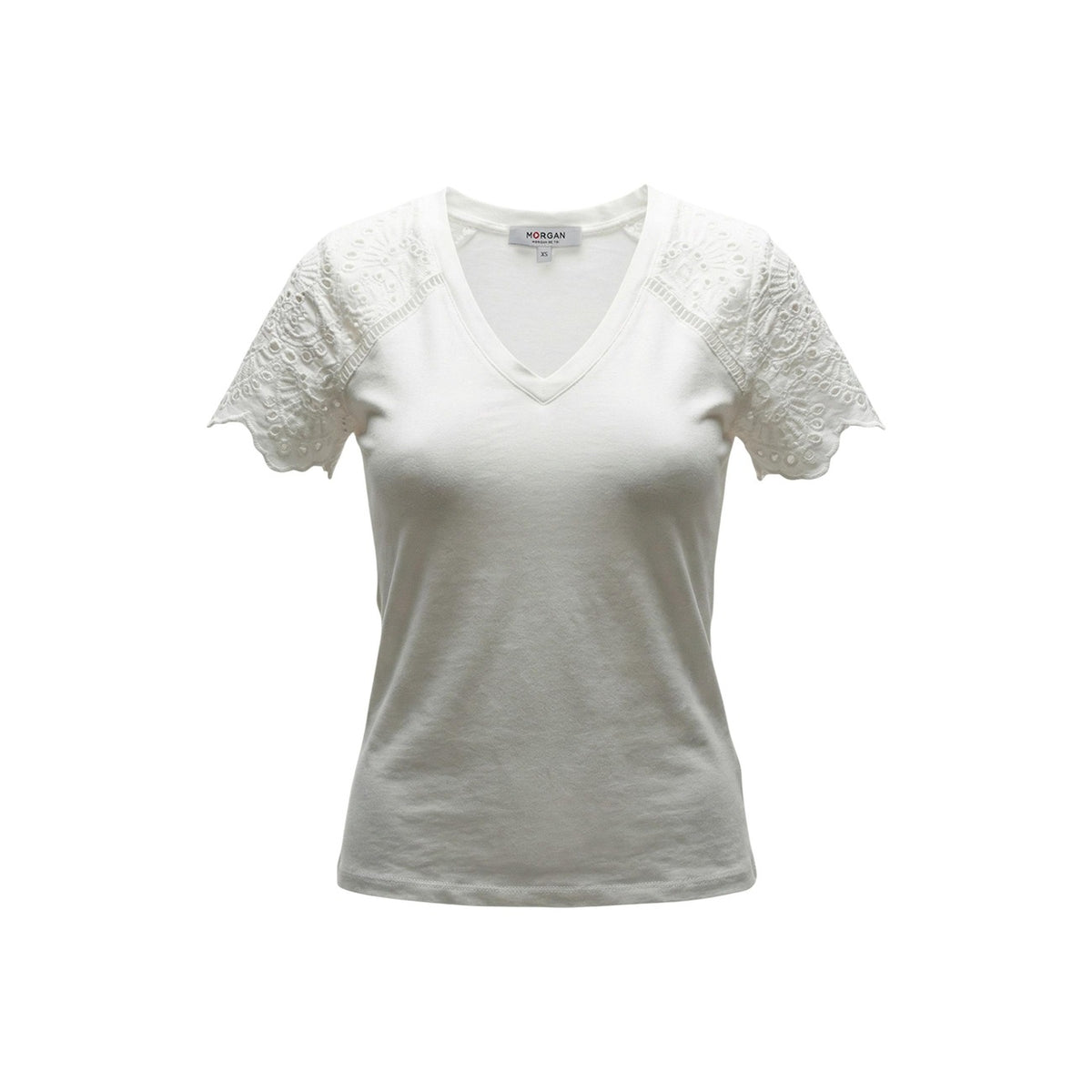 T-shirt Morgan De Toi Bianca; 100% Cotone. Maniche con ricamo traforato, scollo a V, vestibilità regolare. Stile romantico-casual, ideale per la stagione Primavera/Estate. Vista stesa