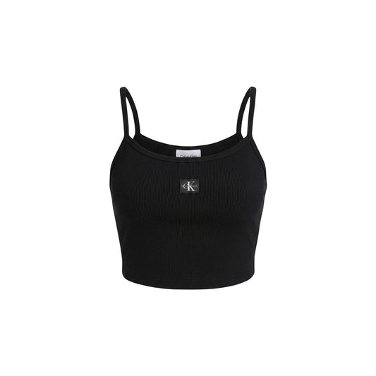 Calvin Klein Cropped Tank Top; nero, cotone stretch, logo iconico, spalline sottili. La canotta trendy e confortevole essenziale per la stagione calda. Vista frontale stesa