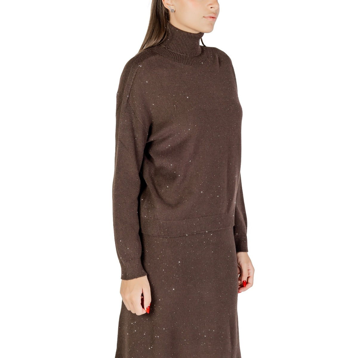 Liu Jo Maglia Donna Marrone a Pois Maniche Lunghe Scollo Alto - Maglia Viscosa Poliestere Poliammide