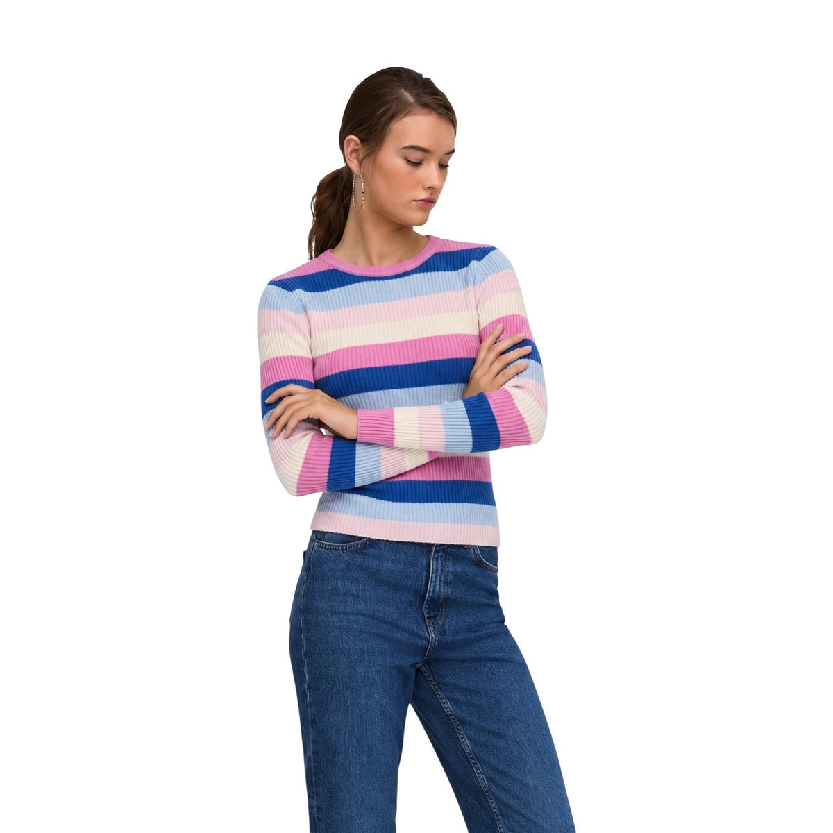 Maglia a righe azzurro rosa donna Only ONLIBI LS O-NECK RIB 15377948. Maglioncino leggero elasticizzato a costine slim fit con fibre riciclate.
