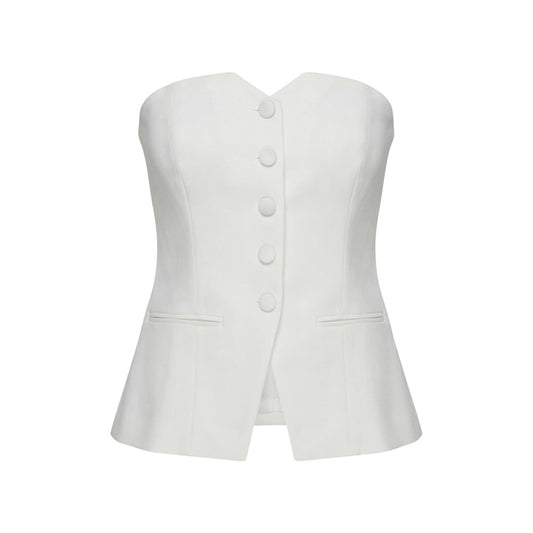 Bustier Morgan De Toi Cpana; poliestere riciclato e viscosa, senza spalline. Bottoni tono su tono, spacco centrale, taglio sagomato stretch. Stile sofisticato e versatile, design eco-friendly. Colore bianco vista frontale stesa