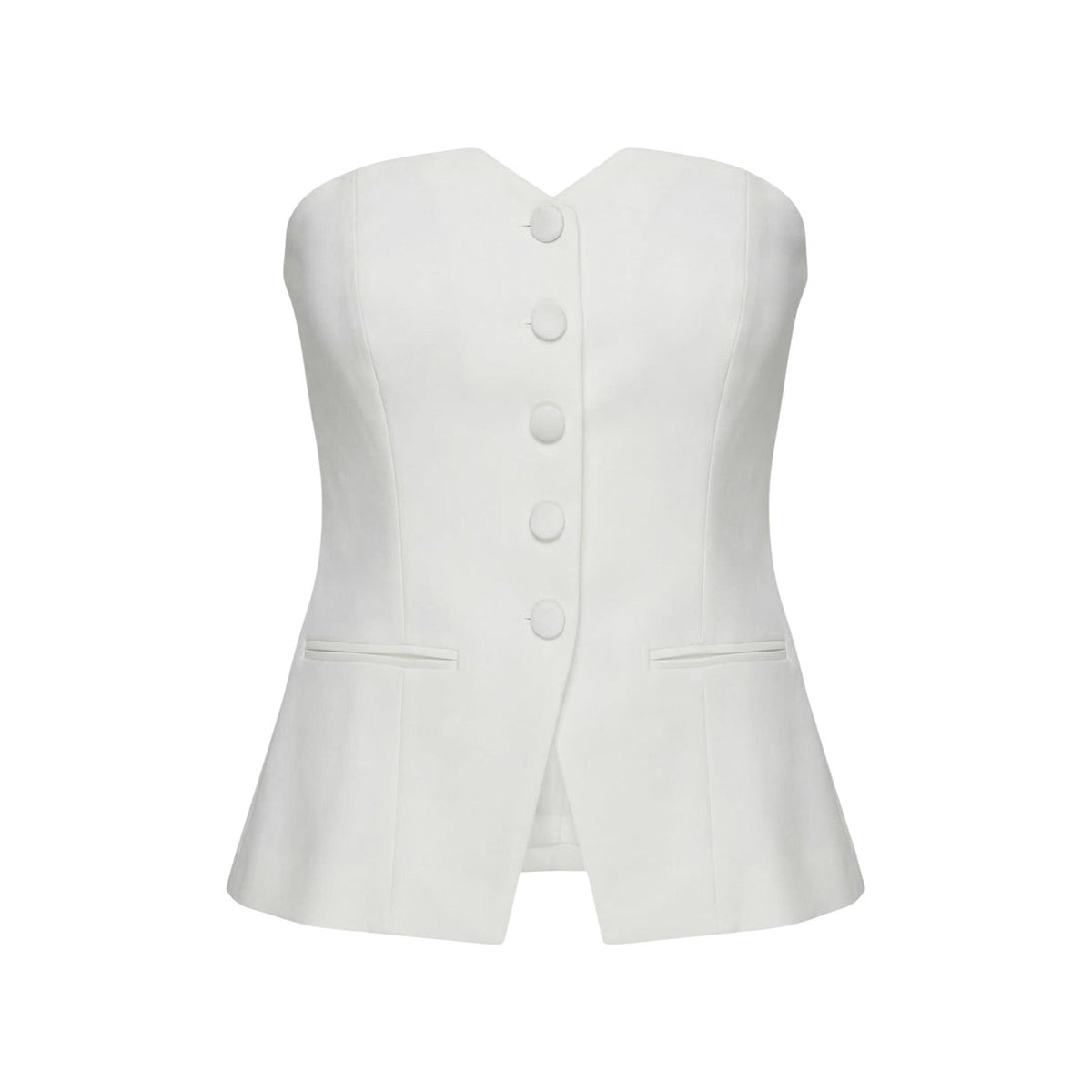 Bustier Morgan De Toi Cpana; poliestere riciclato e viscosa, senza spalline. Bottoni tono su tono, spacco centrale, taglio sagomato stretch. Stile sofisticato e versatile, design eco-friendly. Colore bianco vista frontale stesa
