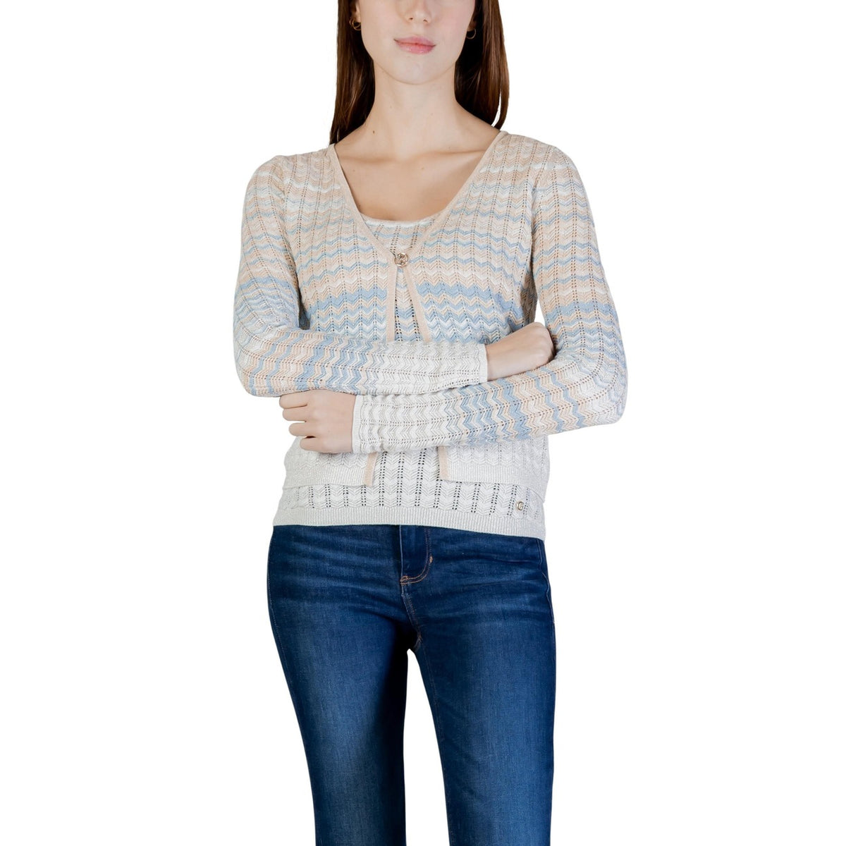 Cardigan donna Guess modello LS ROSALYN COVER SHOULDER SWTR beige in viscosa 86% con maniche lunghe e scollo a V