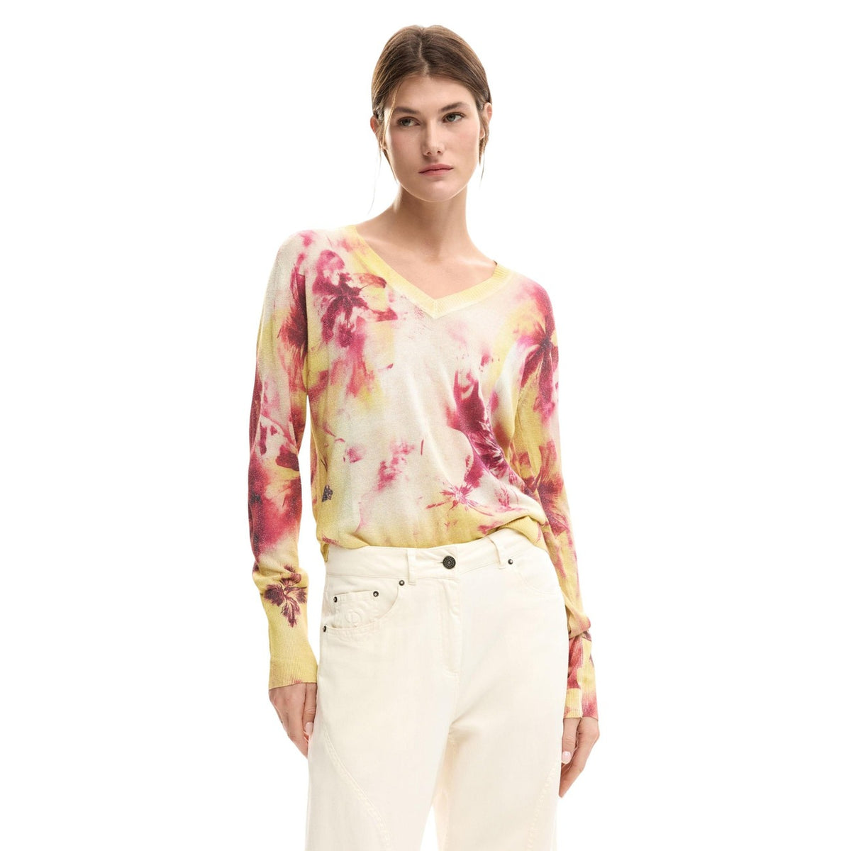 Desigual Maglione LEGGERO A FIORI Donna Collezione 2026. Manica lunga scollo a V vista frontale