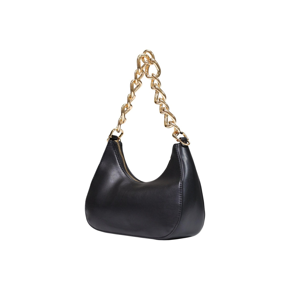 Borsa Love Moschino donna nera a spalla modello JC4161PP. Borsetta media nera in vinile lucido o semilucido con manico a catenella oro, ciondolo cuore metallico e zip stile elegante, casual chic e da sera.