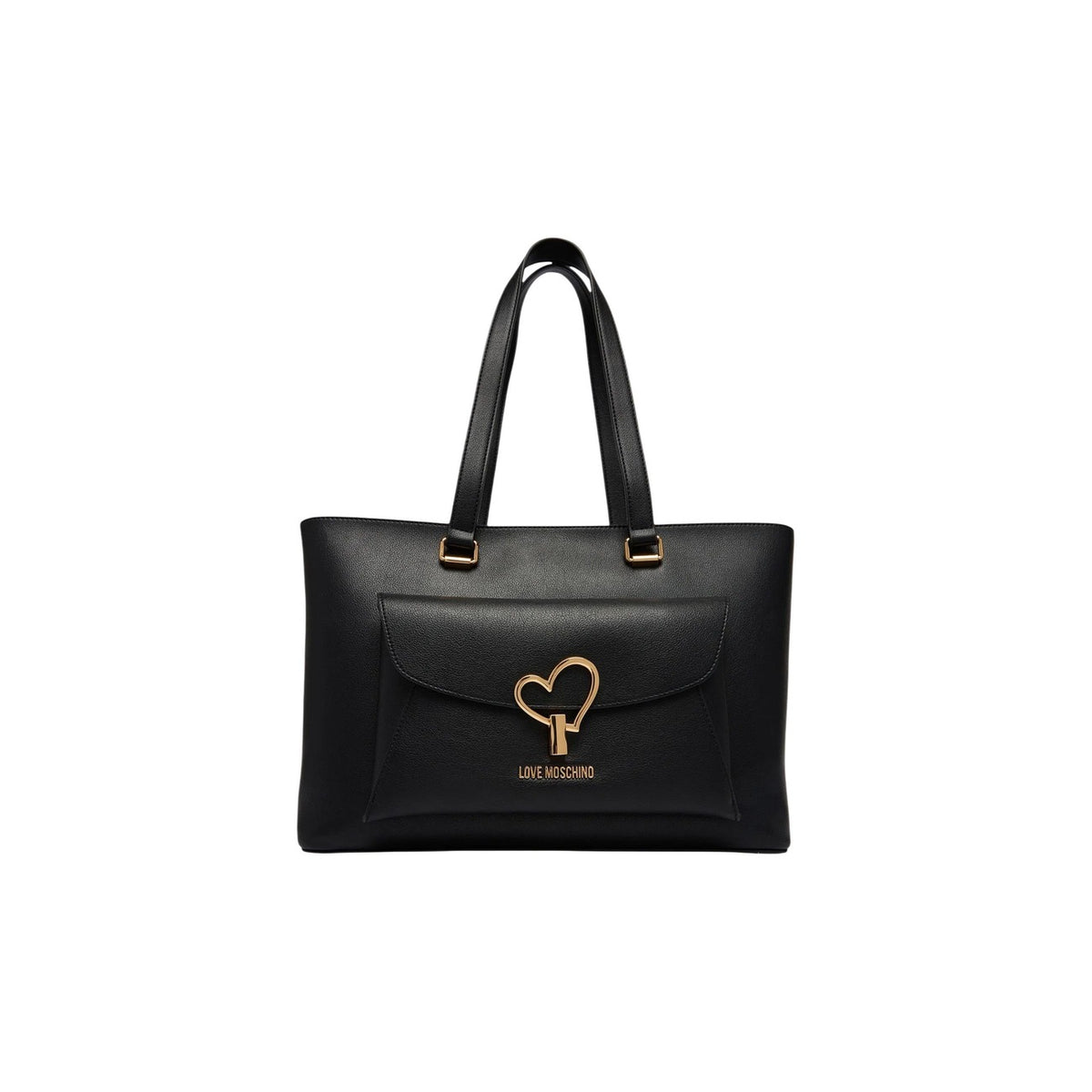Borsa Love Moschino donna nera grande spalla modello JC4136PP1. Shopping bag shopper nera in ecopelle con tasca anteriore a patta, logo e placca a cuore in metallo dorato lucido, borsa giorno capiente per ufficio e università con chiusura a zip.