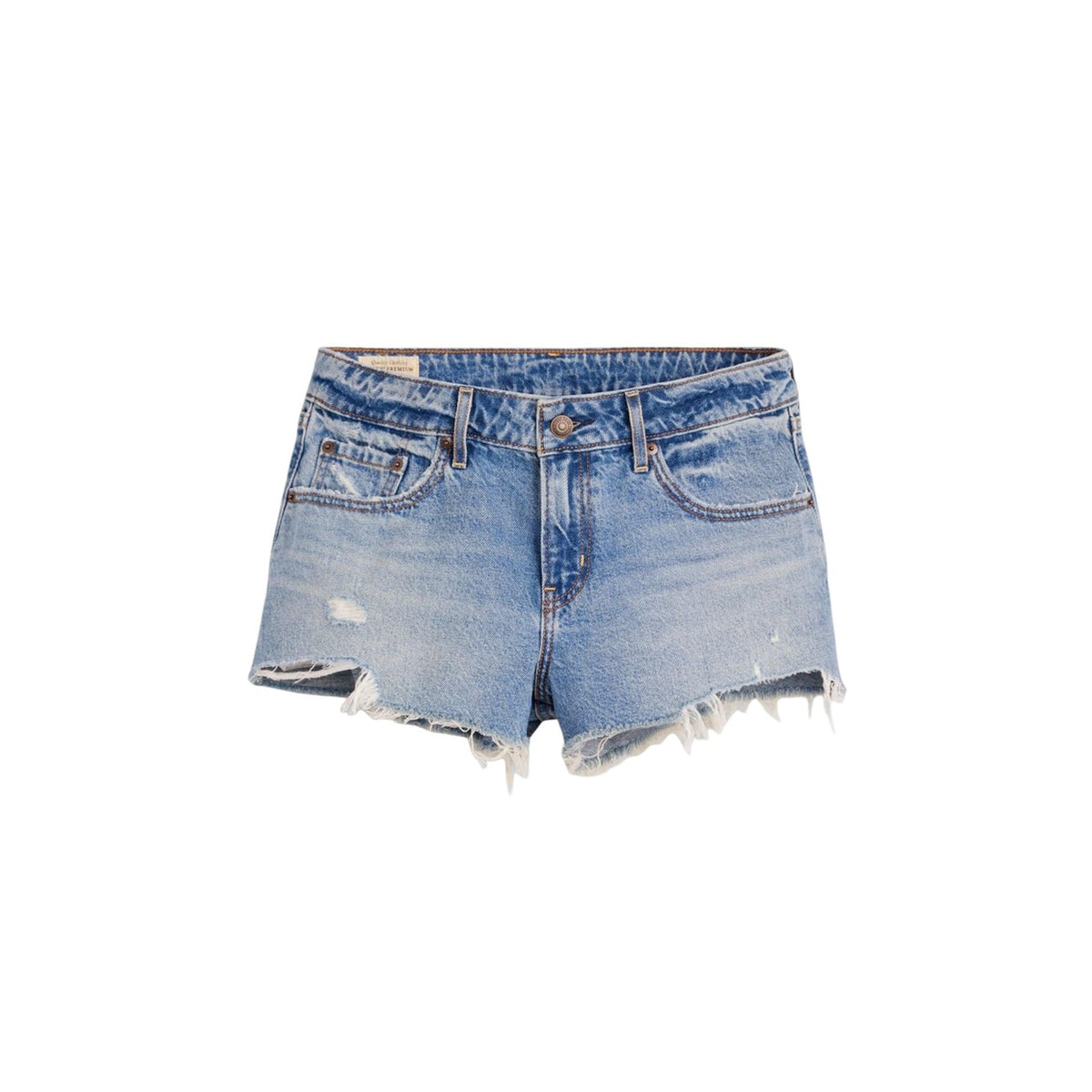 Levi's® Low Short Excuse Me; denim 100% cotone, orlo sfrangiato, stile vintage. Pratici, resistenti e inconfondibilmente iconici. Vista frontale stesa