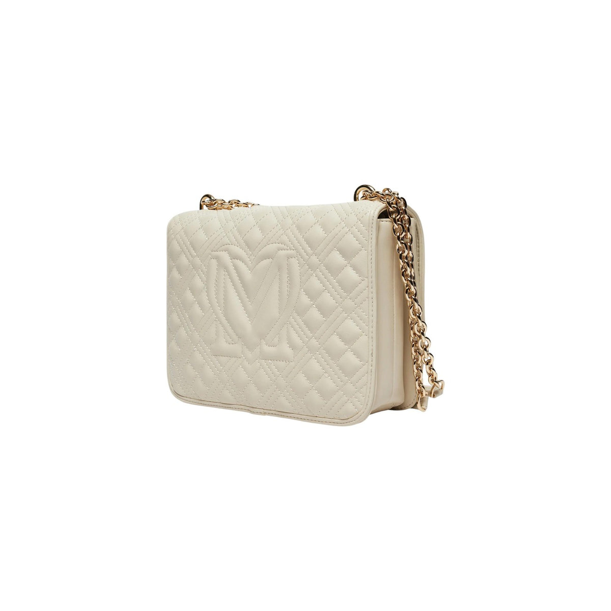 Borsa Love Moschino donna beige modello JC4000PP1. Borsetta a spalla e tracolla in ecopelle trapuntata beige con catena dorata e logo Love Moschino oro a rilievo sul davanti, borsa elegante da sera e da giorno stile matelassé.