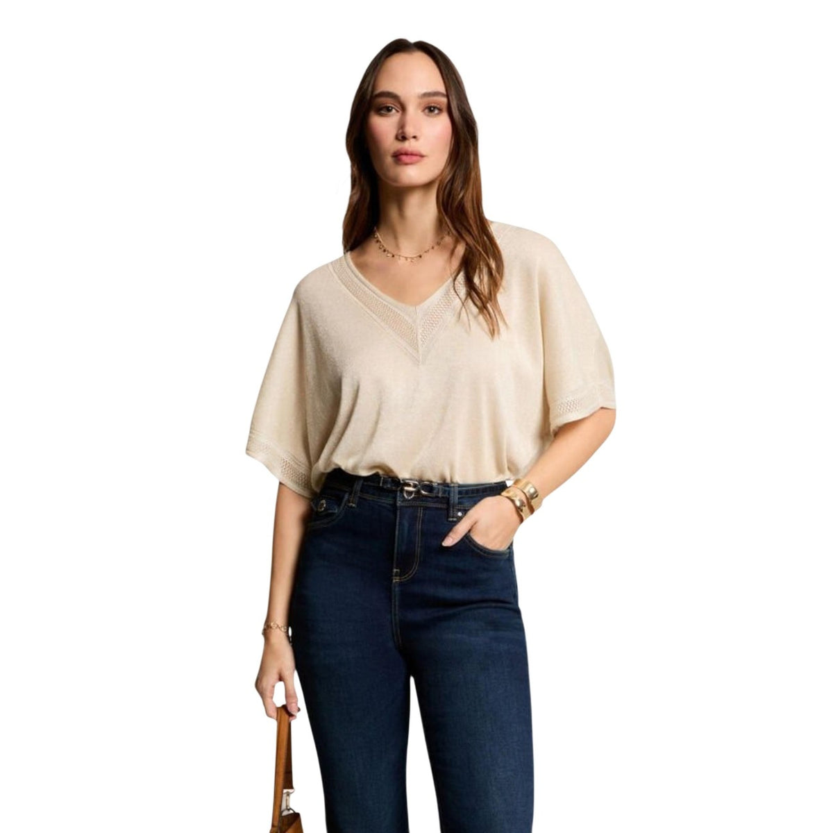 Morgan De Toi 241-MCHRIS, maglia donna in filo beige metallizzato; composizione in viscosa e metallo, manica corta, stile pull-on versatile e luminoso. Vista frontale