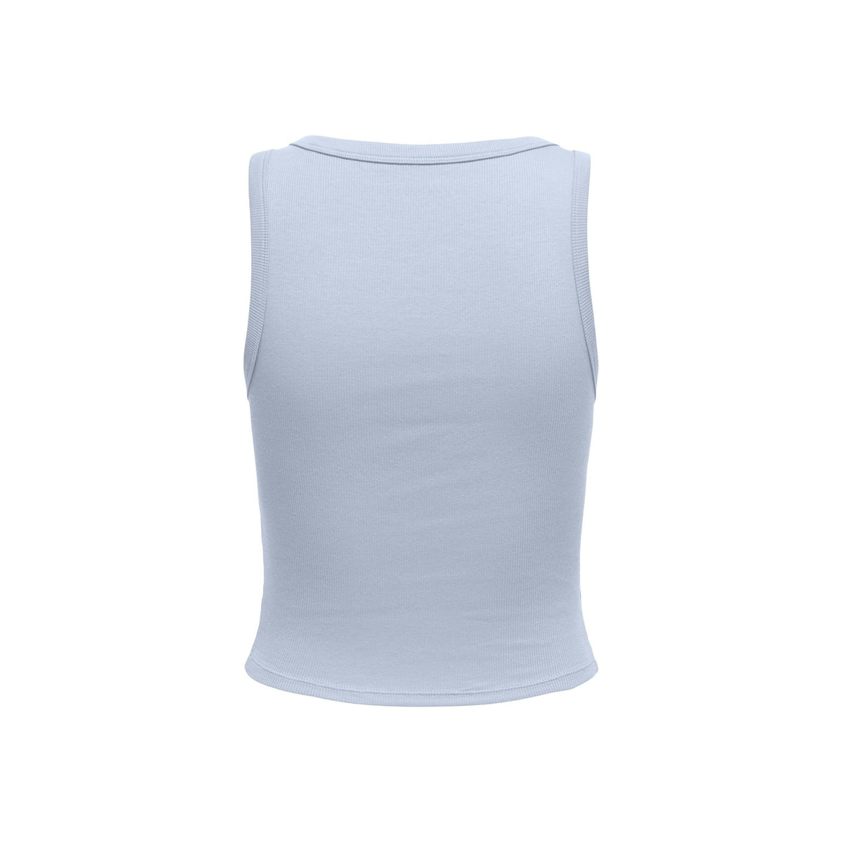 Canottiera azzurra cropped a costine con scollo a U, modello tight fit senza maniche, stile basic intramontabile. Vista posteriore