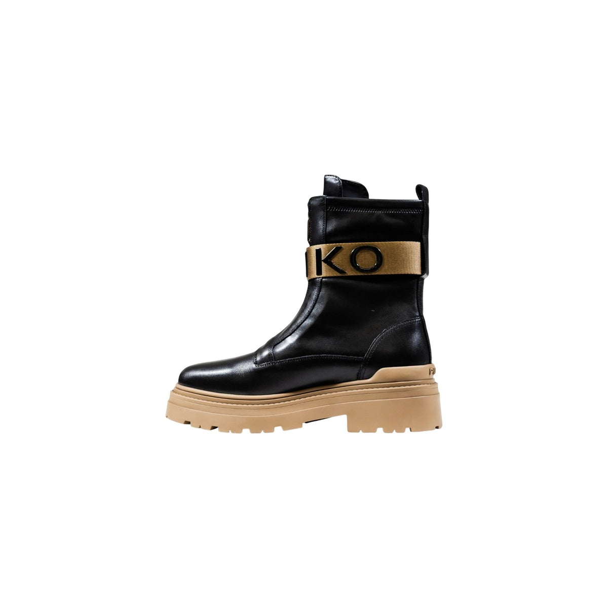 Anfibi Pinko donna neri con cerniera davanti SD0219P061. Stivaletti stivaletto in pelle con zeppa plateau carrarmato 5.5 cm, punta tonda e cinturino con logo lettering Pinko, collezione autunno inverno.