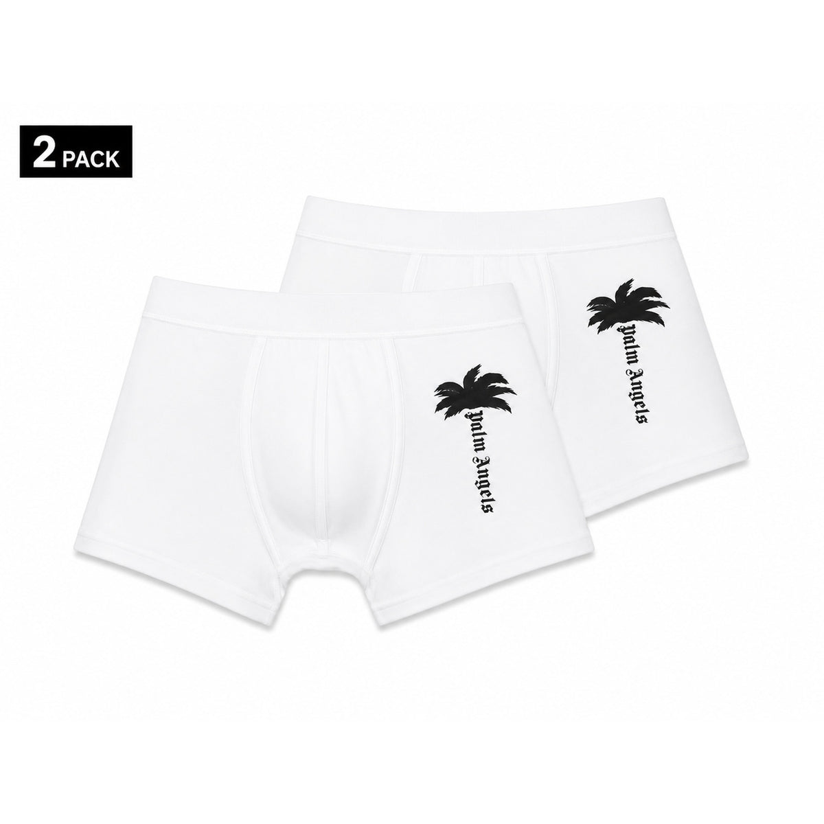 Set 2 Boxer Palm Angels; Stampa laterale su gamba. Elastico tono su tono, cotone stretch di alta qualità, vestibilità regular/aderente. Lo stile iconico Palm Angels nel tuo guardaroba intimo. Bianco