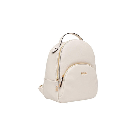 Zaino donna Liu Jo ECS M; 100% Poliuretano panna. Tasca esterna con zip, logo metallico, spallacci regolabili. Zaino compatto ed elegante, stile casual-chic 4 stagioni. Vista frontale Laterale