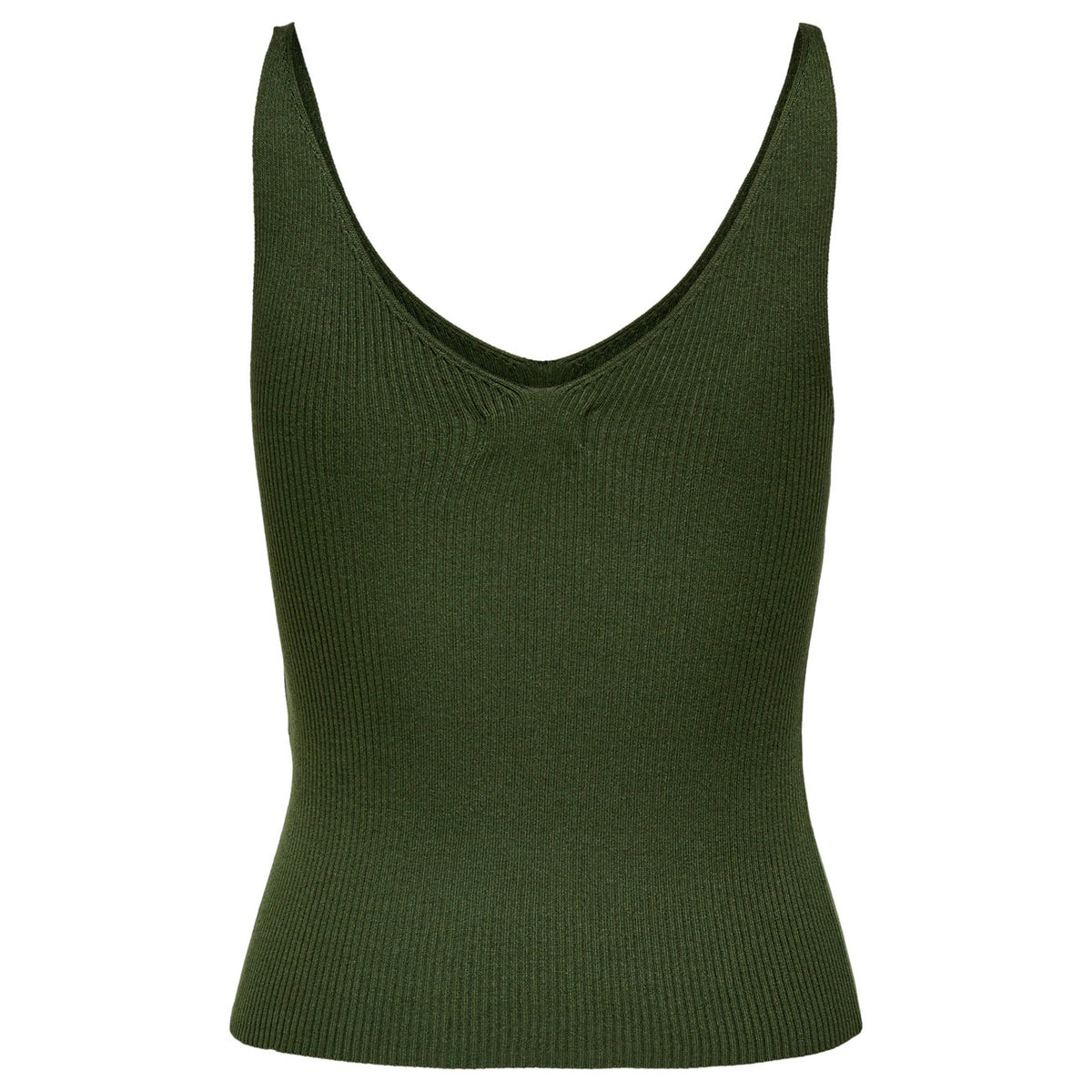 Canotta JDY Anna; Verde. 80% Viscosa, 20% Nylon. Maglia leggera, scollatura a V profonda, vestibilità slim. Capo essenziale e morbido, stile casual-chic. Vista posteriore stesa
