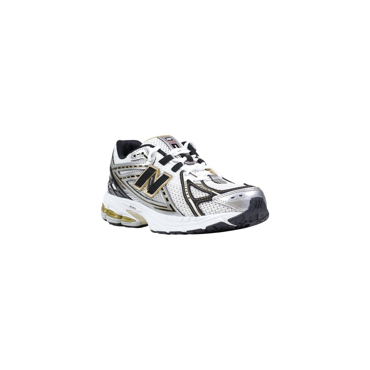 scarpa da ginnastica New Balance 1906R in colorazione argento metallizzato, bianco e nero.
Vista frontale