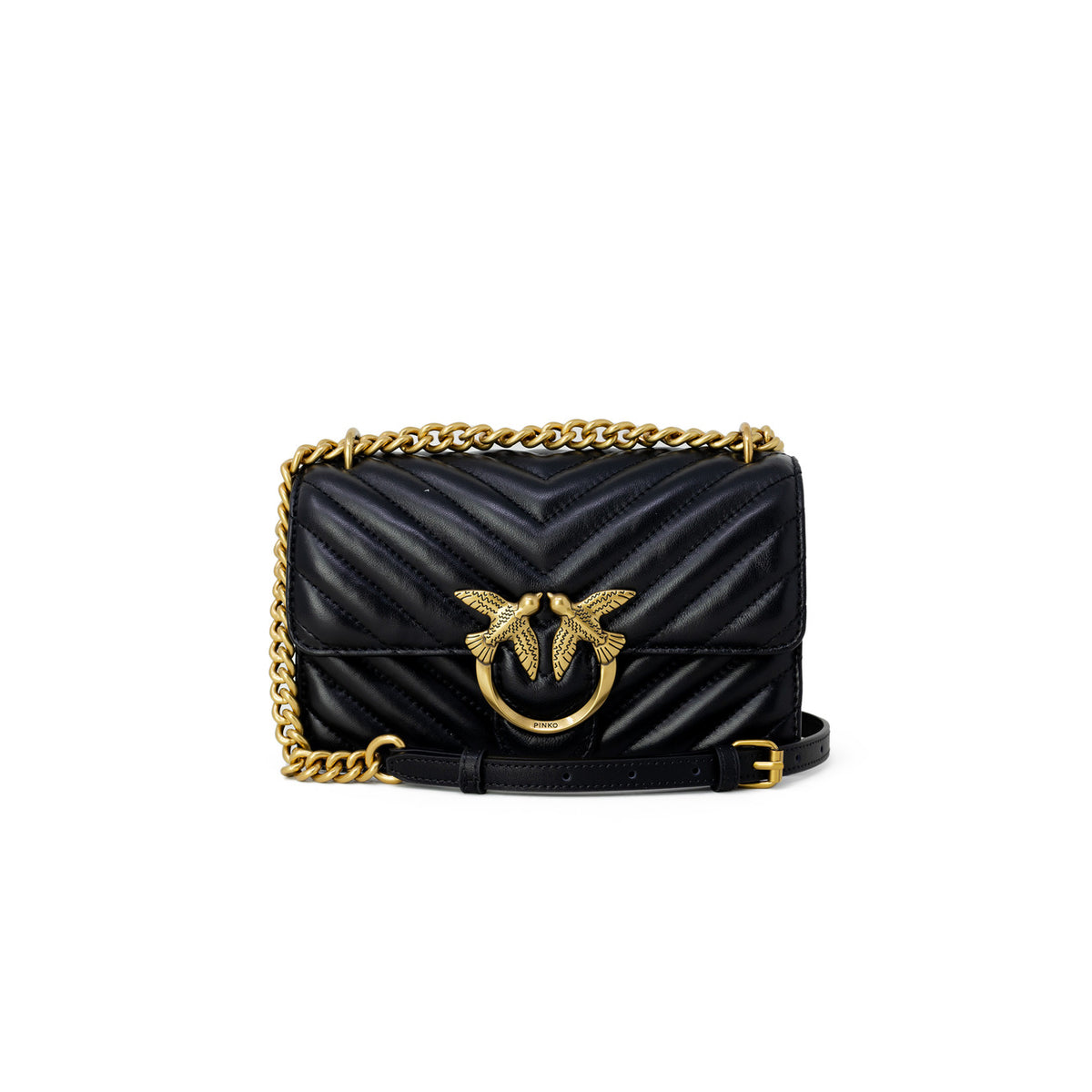 borsa a tracolla Pinko Love Bag One Mini in pelle trapuntata nera con motivo chevron e fibbia Love Birds.
Vista frontale