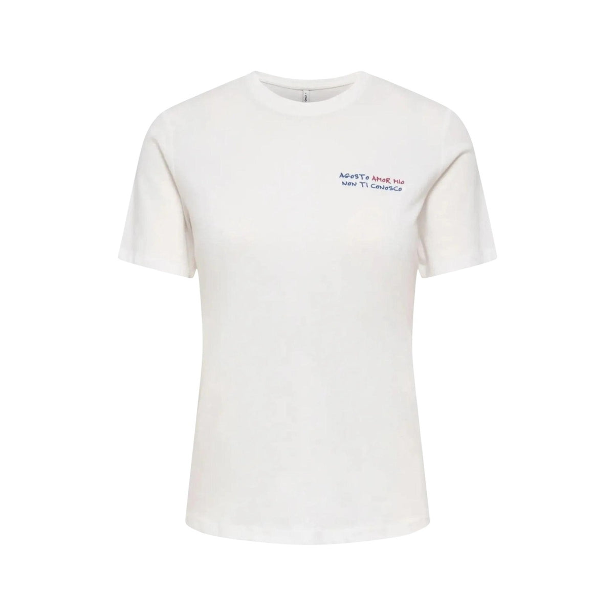 ONLY Onlmira Life Emb Tee; bianca, cotone biologico, ricamo "Agosto amor mio". La t-shirt versatile e sostenibile dal tocco romantico. Vista frontale