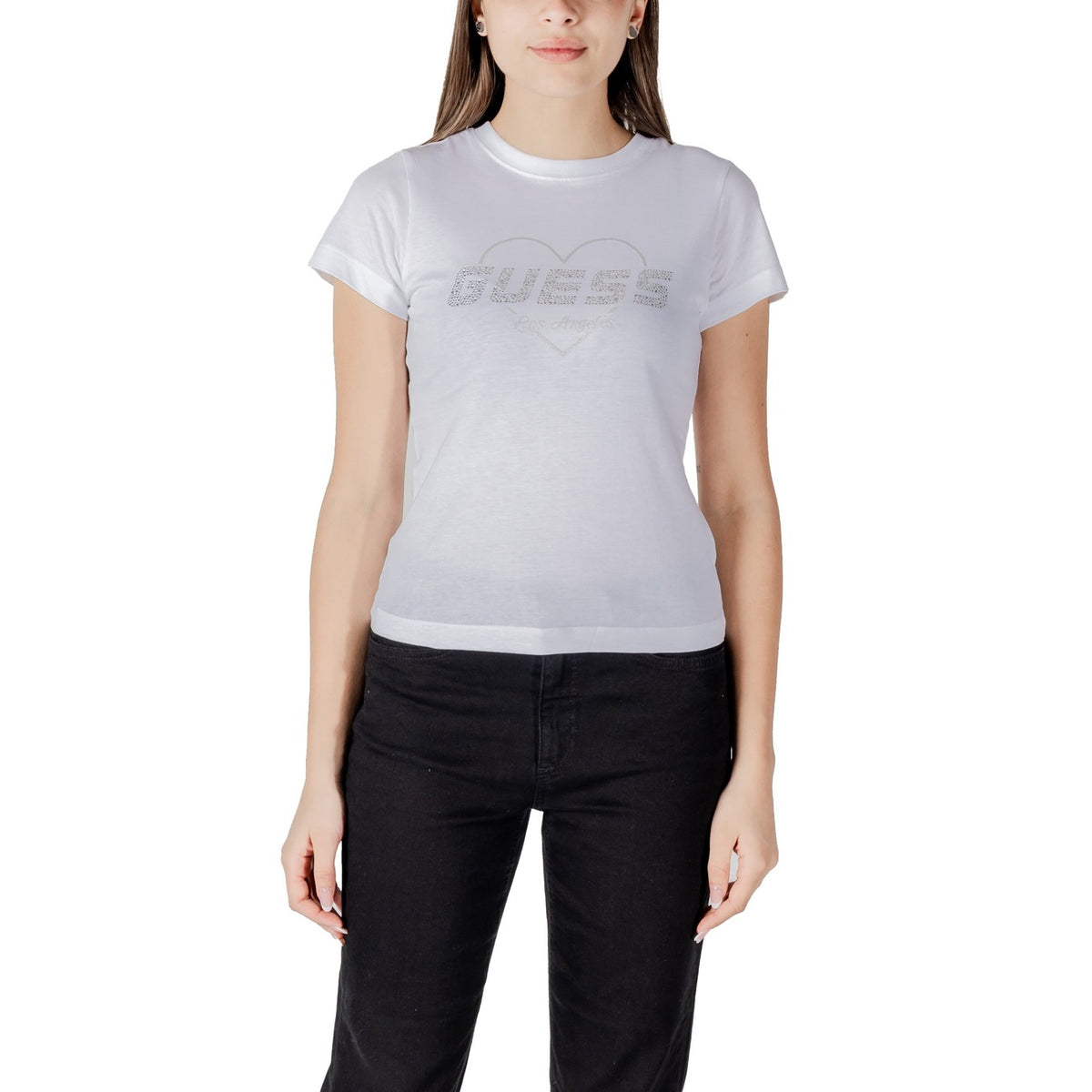 T-shirt Guess Active NARCISO donna bianca con stampa strass maniche corte scollo tondo - vista frontale