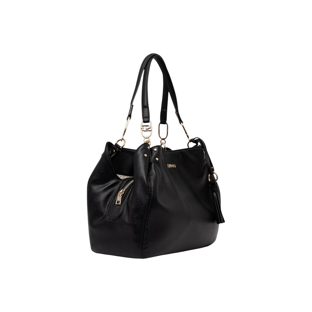 Liu Jo M Satchel AA6185; borsa media nera in PU con charm a frangia e dettagli dorati. Doppio manico, capiente e ideale per occasioni speciali o lavoro. Vista frontale Laterale