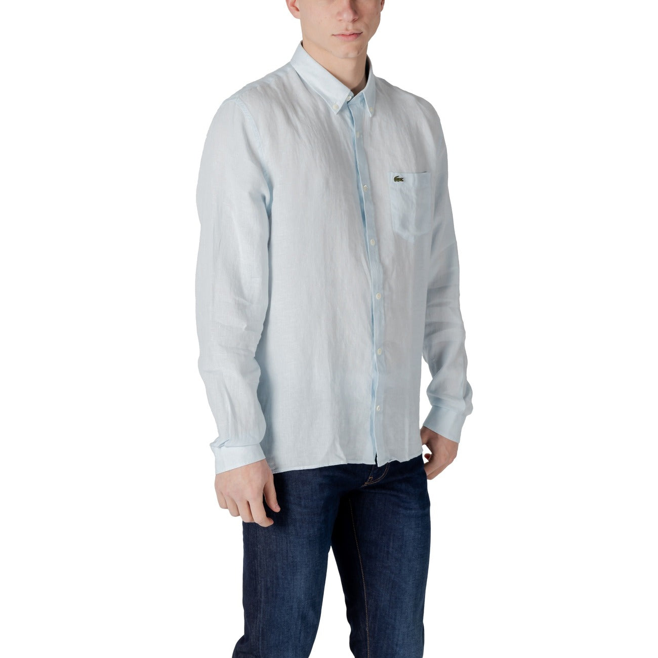 Lacoste Camicia Uomo Azzurro Manica Lunga Bottoni Scollo Tondo Colletto Classico Tasca Singola 100% Lino Primavera/Estate CH5692-00