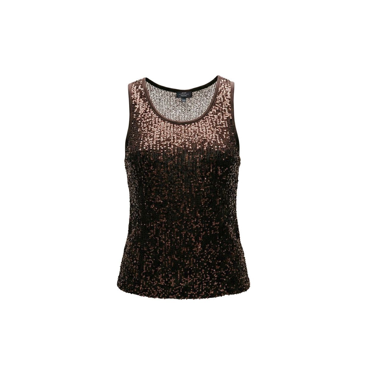 Canotta JDY Gloria Life con paillettes; 50% Poliestere Riciclato. Scollo tondo, spalline larghe, tessuto stretch. Top donna luminoso, festivo e sostenibile. Colore marrone vista frontale Stesa