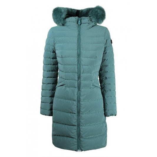 Piumino Peuterey donna turchese BO_1400 con vera pelliccia. Giubbotto invernale sciancrato idrorepellente in piuma d'oca con cappuccio e bordo in pelliccia di volpe, trapuntatura sagomata e zip a 2 vie, abbigliamento donna autunno inverno