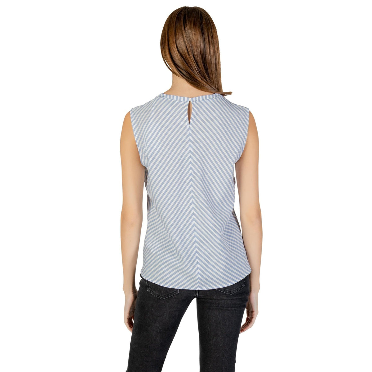 Canotta Tommy Hilfiger Jeans; Blu. 100% Cotone. Senza maniche, scollo rotondo, motivo a righe diagonali. Tessuto leggero, vestibilità morbida, stile 4 stagioni. Posteriore