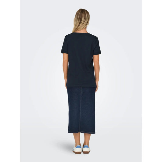 T-shirt Donna Blu Navy Only Kita Life; Maglietta a maniche corte in cotone tinta unita con girocollo. Piccolo logo sul petto, stile casual e continuativo quattro stagioni. Posteriore intera