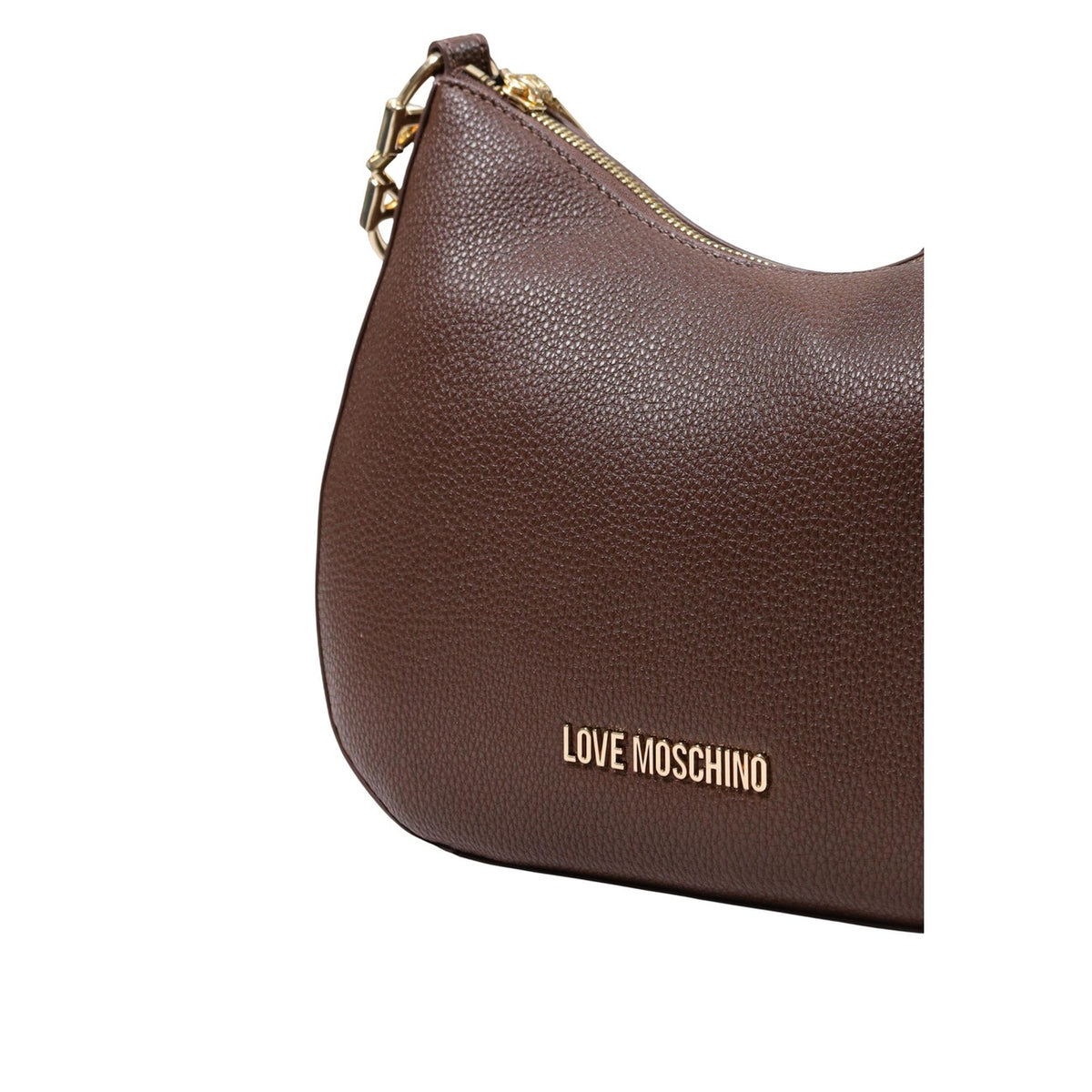 Borsa Love Moschino donna marrone a spalla modello JC4012PP1. Borsetta media effetto pelle marrone cuoio con tracolla regolabile, dettagli oro e zip stile casual chic, elegante e da giorno.