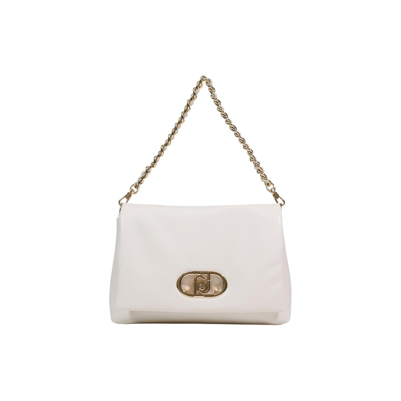 Borsa Liu Jo panna; Effetto Nappa. Manico a catena, tracolla removibile, chiusura con bottone magnetico. Dimensioni 32x22x12 cm. Linea ecosostenibile Liu Jo Better. Accessorio sofisticato per la stagione Primavera/Estate. Vista frontale Con tracolla