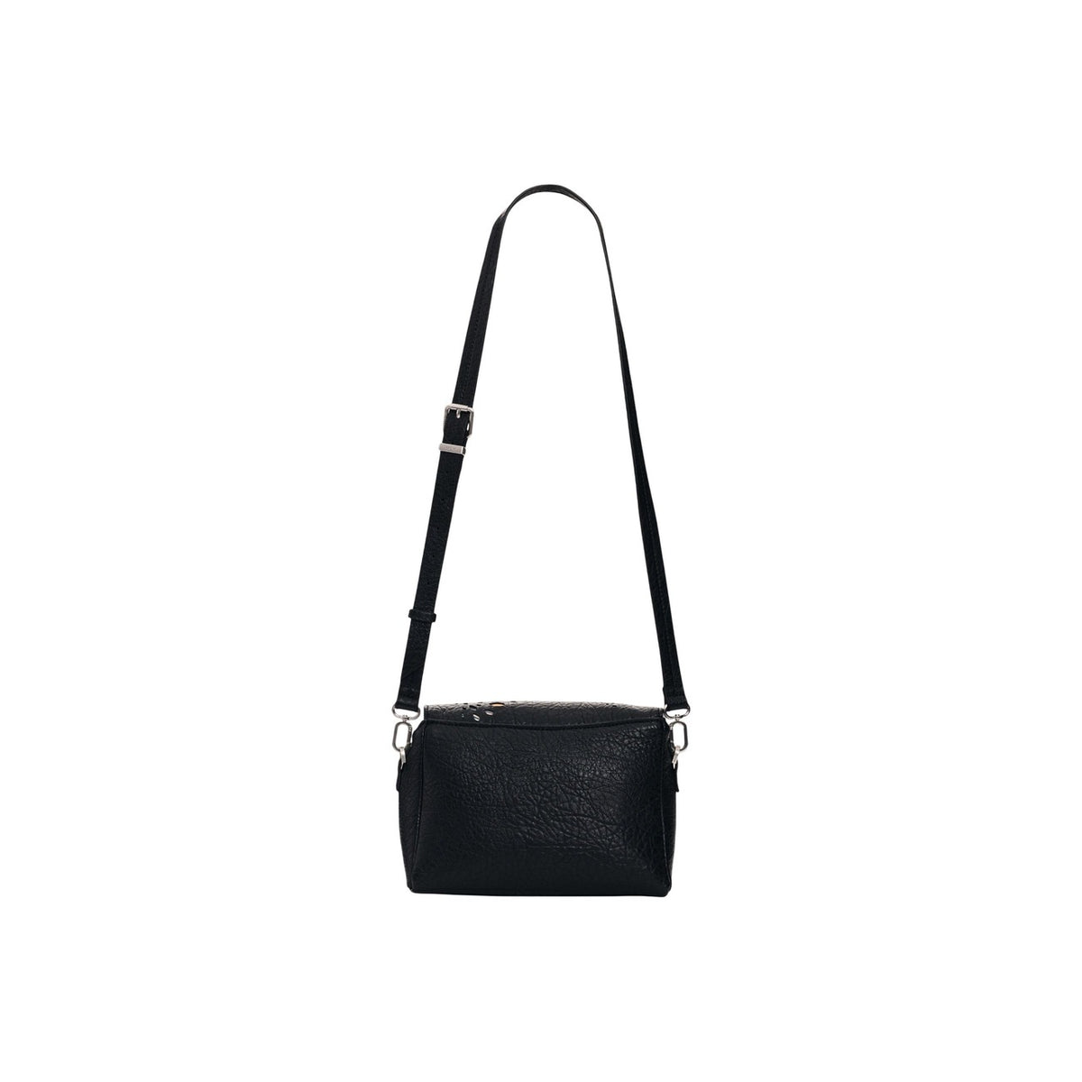 Borsa Desigual donna nera e multicolor modello BAG_NOTUS PRINT PHUKET MI. Borsa a tracolla media in ecopelle nera con motivo a fiori traforati e colorati sul davanti, chiusura a patta, manico a mano e interni divisi in scomparti, stile casual-chic originale.